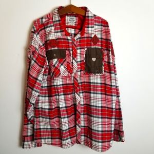 Kanji Cotton Red Plaid Patch Button Down Long Sleeve Flannel Shirt